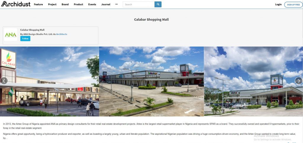 publication snip of Calabar Shopping Mall by ANA Design Studio Pvt. Ltd. feature on Archidust