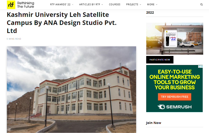 Publication snip of Kashmir University Leh Satellite Campus by ANA Design Studio Pvt Ltd on rethinking the future